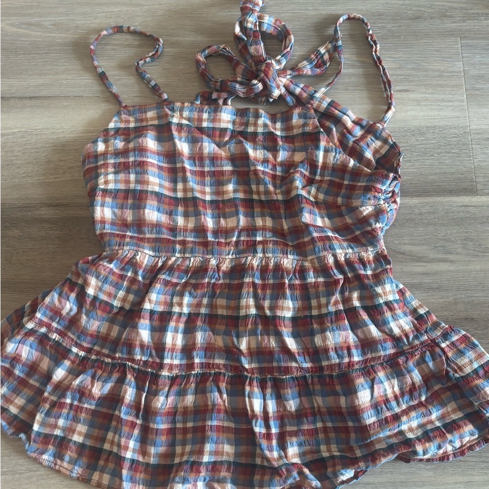 American Eagle Plaid Shirt in Rust, Blue & Cream